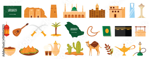 Travel to Saudi Arabia set, Arabian culture elements and Islamic symbols, heritage and modern architecture. Great Mosque of Mecca and Clock Towers, camel and desert oasis cartoon vector illustration