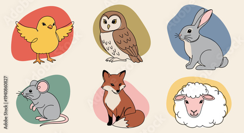 A collection of cute animal illustrations including a chick, owl, rabbit, mouse, fox, and sheep in a modern flat style