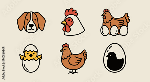 A playful collection of farm animals and pets in a flat design style, ideal for children's illustrations