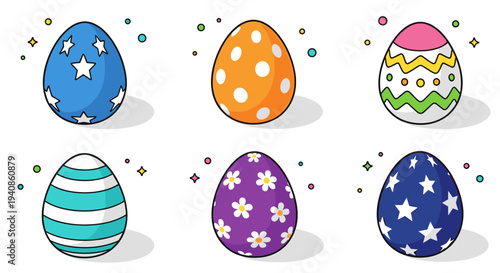 A colorful collection of decorated Easter eggs featuring various patterns and styles, in a playful, flat design