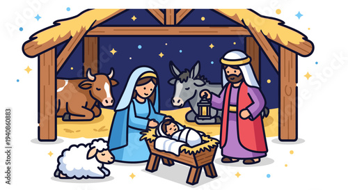 A colorful nativity scene featuring Mary, Joseph, and baby Jesus in a stable, illustrated in a modern flat style