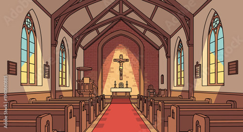 A serene interior view of a church featuring wooden pews, a cross, and stained glass windows in a modern flat style