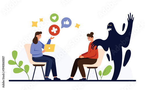 Therapist is interacting with a client while a shadowy figure looms, symbolizing the significant impact and influence of social media in our lives and mental health vector illustration
