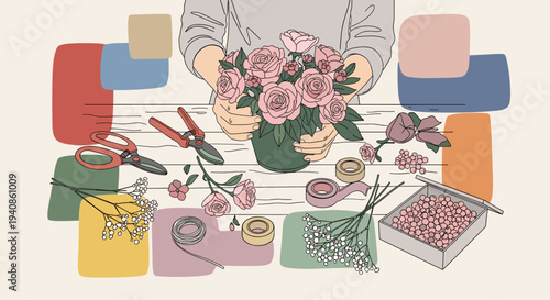 A floral arrangement scene featuring hands crafting a bouquet with roses and various tools in a minimalist style