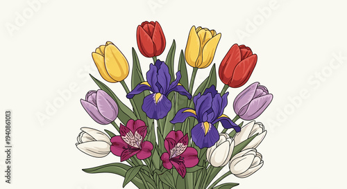 A vibrant bouquet featuring tulips and irises in a modern, illustrative style, perfect for floral designs