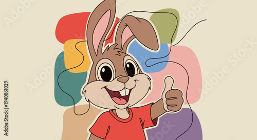 A cheerful cartoon rabbit giving a thumbs up, illustrated in a colorful, modern style with abstract shapes