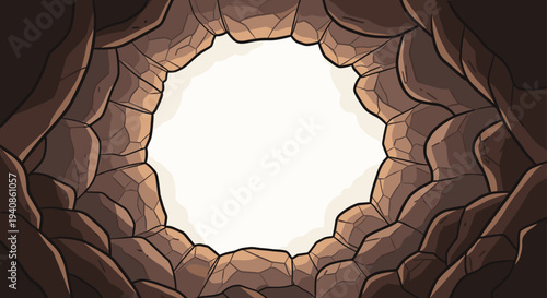 A view from inside a cave looking up at a bright opening, illustrated in a modern, flat style