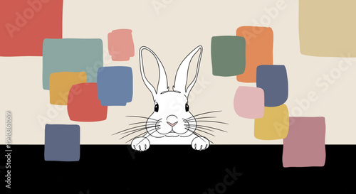 A playful illustration of a rabbit peeking over a colorful abstract background in a minimalist style