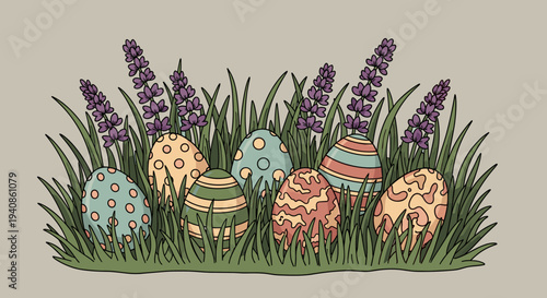 Colorful decorated Easter eggs nestled in vibrant grass and lavender flowers, featuring a hand-drawn style