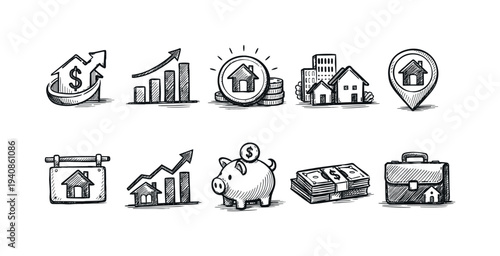 Real estate, finance solid icon set. property, investment symbols solid collection