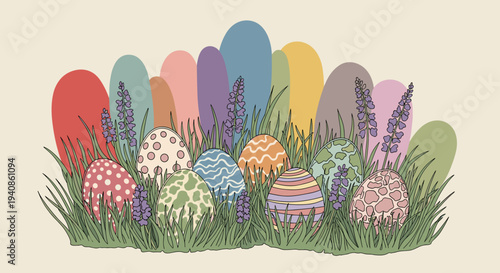 Colorful decorated Easter eggs nestled in vibrant grass and lavender, featuring a playful, modern illustration style