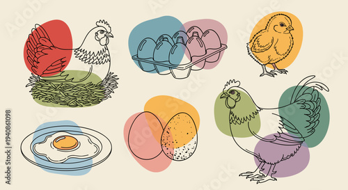 A colorful collection of hand-drawn chickens, eggs, and a chick in a minimalist style, ideal for food themes