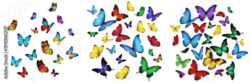 Foto Swarm of butterflies Lepidoptera isolated on white background, colorful flying b