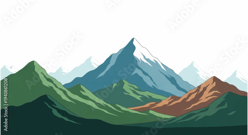 Mountain Range Illustration with Snowy Peak.