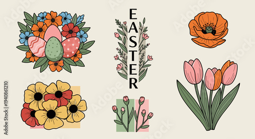 A vibrant Easter-themed illustration featuring floral elements, eggs, and the word 'EASTER' in a modern style