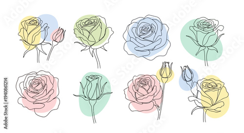 Colorful Hand Drawn Roses and Buds Illustration.
