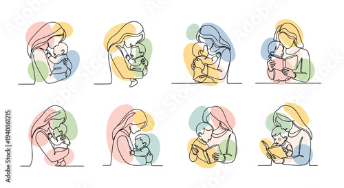 Colorful Illustrations of People Reading and Embracing.