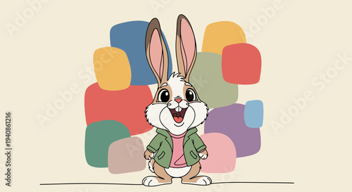 A cheerful cartoon rabbit wearing a jacket, set against colorful abstract shapes in a playful style