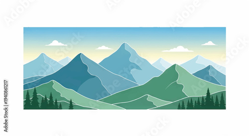 Mountain Range Illustration with Green Hills and Trees.