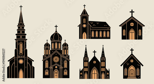 A collection of various church silhouettes featuring distinct architectural styles, presented in a minimalist design