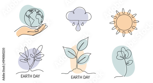 Earth Day Illustrations Featuring Globe and Plants.