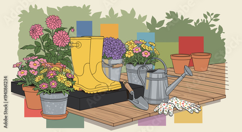 A vibrant garden scene featuring yellow boots, colorful flowers, and gardening tools in a flat, modern style