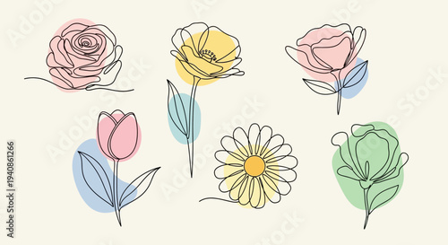 Hand Drawn Flowers in Various Colors.