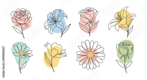Hand Drawn Flowers and Leaves Illustration.