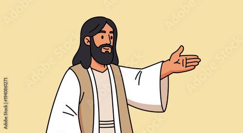 Illustration of a welcoming figure with a beard and long hair, styled in a modern flat design