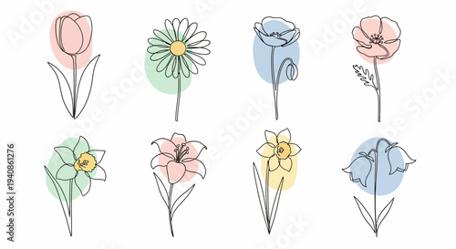 Hand Drawn Flowers Set Illustration.