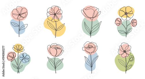 Hand Drawn Flowers Set with Leaves.