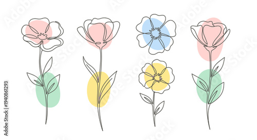 Hand Drawn Flowers with Colored Petals.