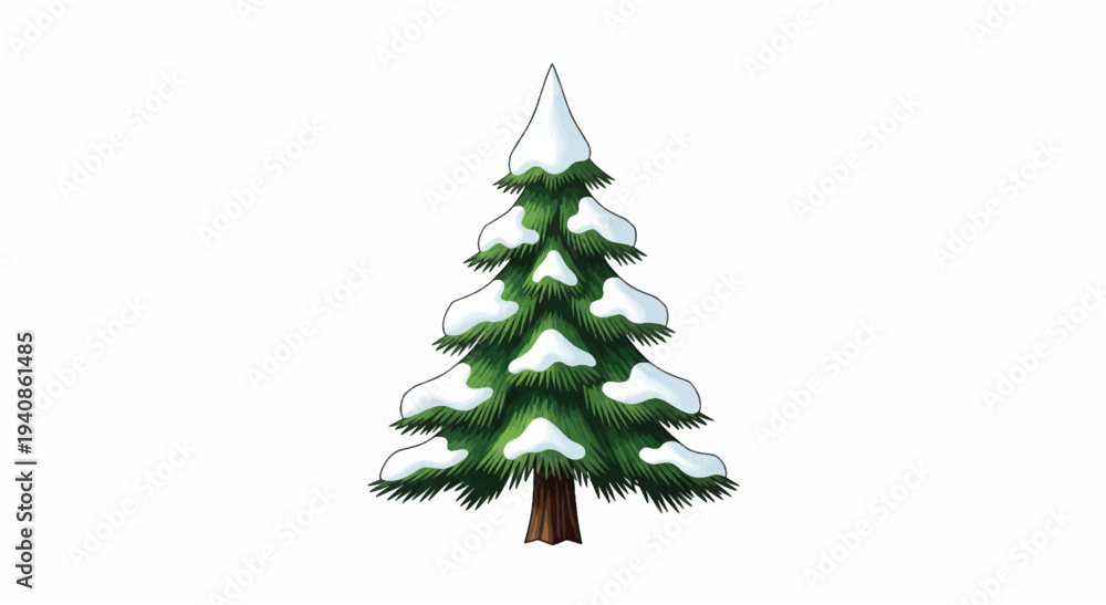 Fototapeta premium Snow Covered Green Christmas Tree Illustration.