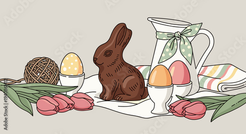 A charming Easter-themed illustration featuring a rabbit, decorated eggs, and floral elements in a minimalist style