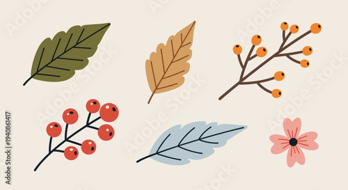 A collection of hand-drawn leaves and berries in a minimalist style, perfect for seasonal designs