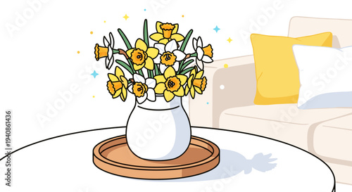 A vibrant bouquet of daffodils in a white vase, illustrated in a modern flat style, perfect for home decor