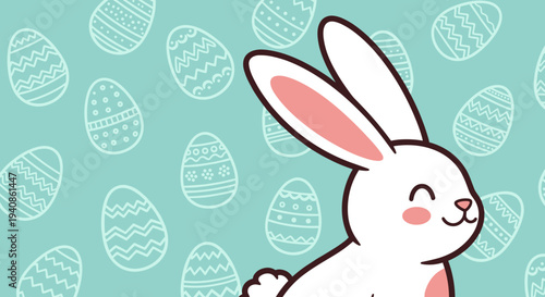 A cheerful bunny surrounded by decorative Easter eggs in a flat, colorful style, perfect for holiday themes