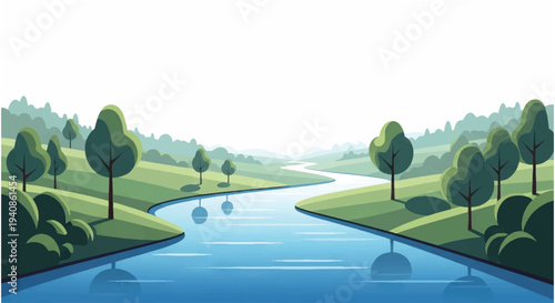 Serene River Landscape with Trees and Water.