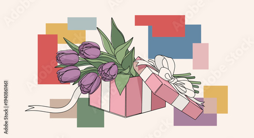 A colorful illustration of a gift box with blooming tulips, featuring a modern flat design style