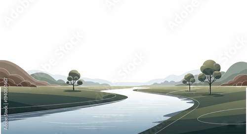 Serene River Landscape with Trees and Hills.