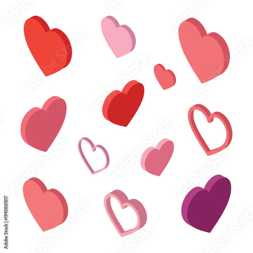 Collection of scattered 3D isometric hearts in vibrant red, pink, and purple shades on white background. Love & romance symbol.