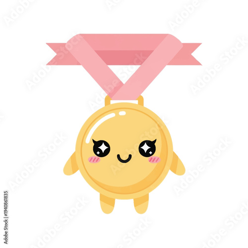 Smiling Cartoon Gold Medal Character Face.