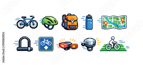 Cycling adventure icon set. sport and outdoor fun with vibrant outline style