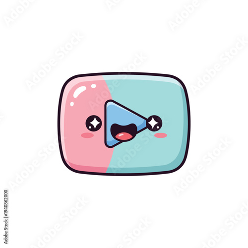 Cartoon play button face emoticon symbol.
