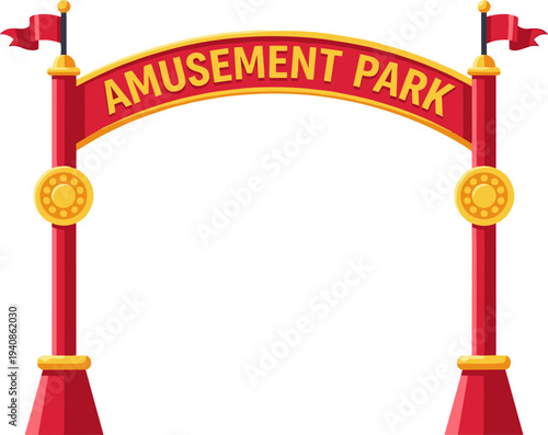 Amusement park entrance arch with red banner and flags, carnival theme park welcome gate illustration isolated on white