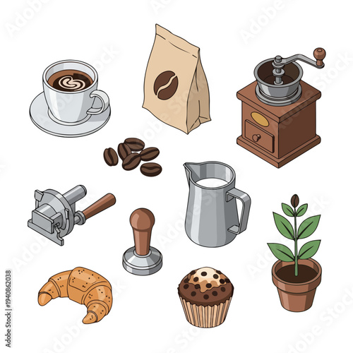 Isometric Coffee & Breakfast Set: Brewing Tools, Beans, Plant, Pastries Illustration