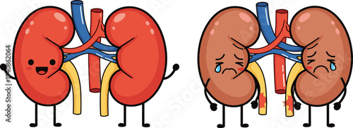 Cute kidney cartoon characters showing healthy and diseased kidneys concept, medical urinary system illustration isolated on white background
