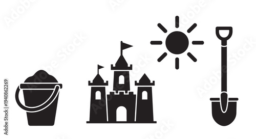 Beach sand castle building vector illustration with bucket, spade, and sunshine icon set