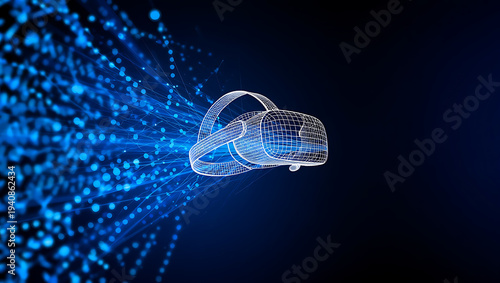 Futuristic virtual reality headset wireframe with glowing blue data particles on a dark background, representing metaverse and digital innovation