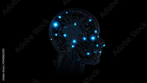 Abstract human head profile with glowing blue neural network connections and data points on a black background, representing AI, machine learning, and digital intelligence